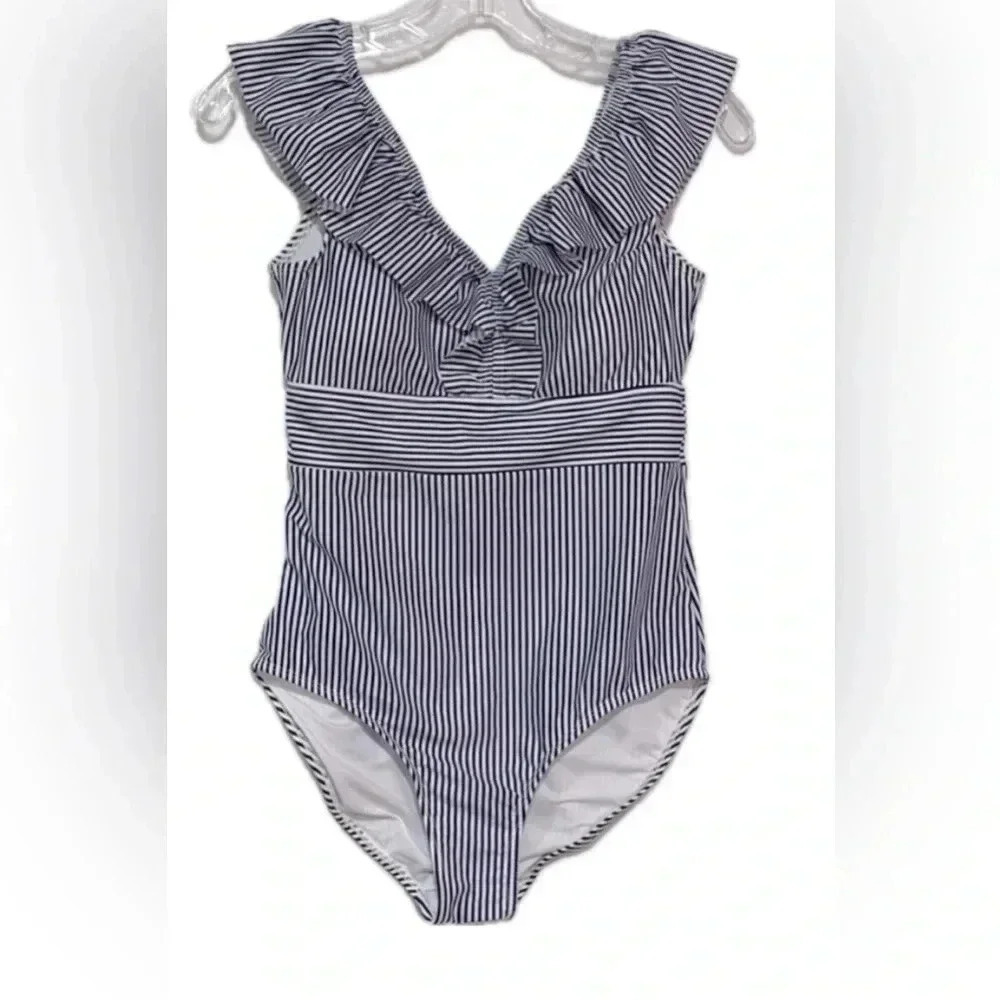 NWOT Aava Oceane Retro One-Piece blue and white striped Swim Suit XXL